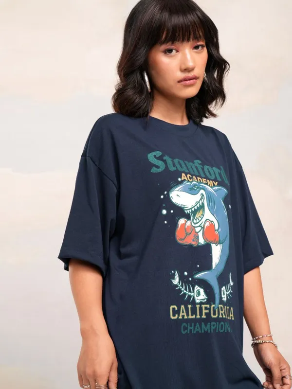 Tokyo Talkies Women Navy Blue Printed Round Neck Oversized Fit T-Shirt