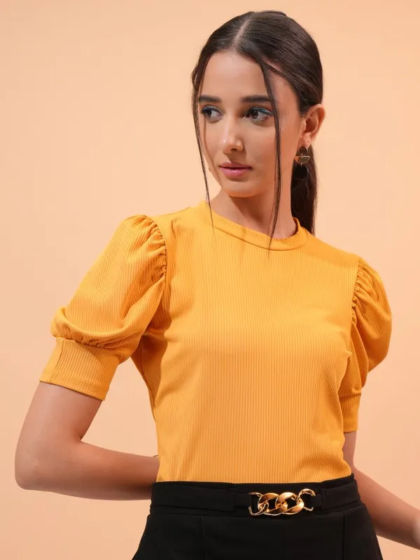 Tokyo Talkies Women Yellow Solid Regular Top