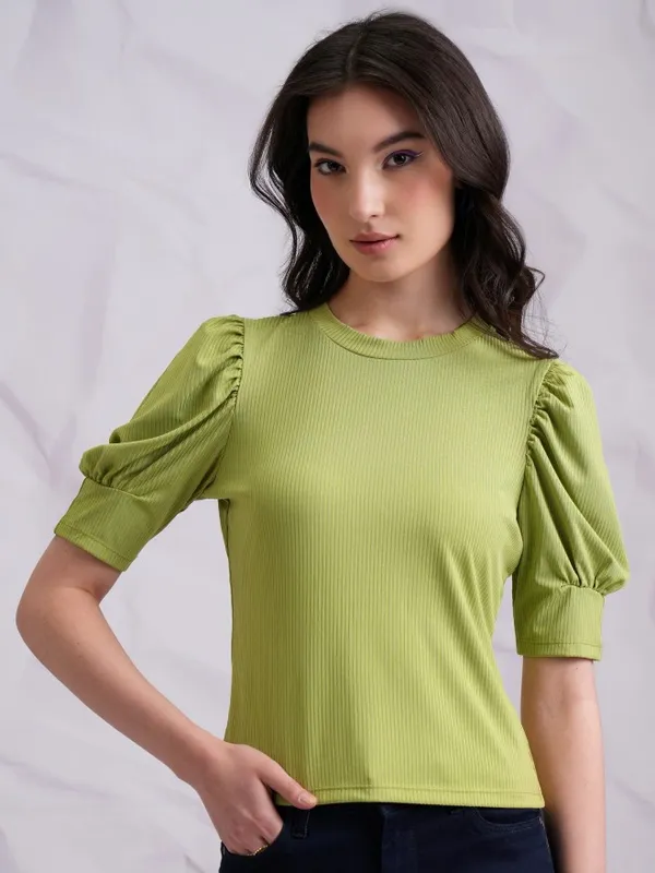 Tokyo Talkies Women Green Solid Fitted Top