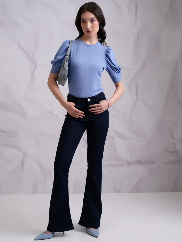 Tokyo Talkies Women Blue Solid Fitted Top