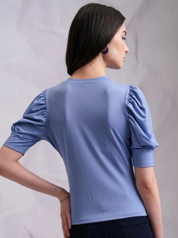 Tokyo Talkies Women Blue Solid Fitted Top