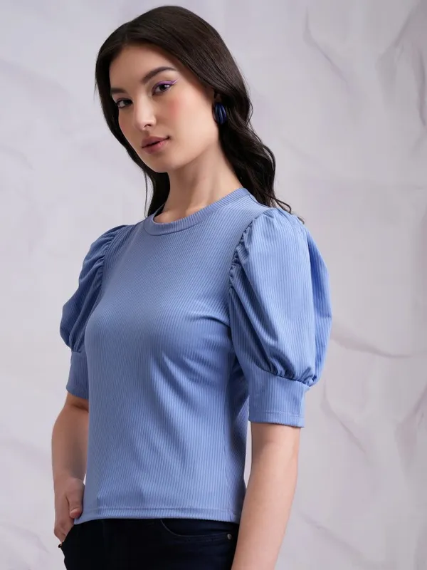 Tokyo Talkies Women Blue Solid Fitted Top