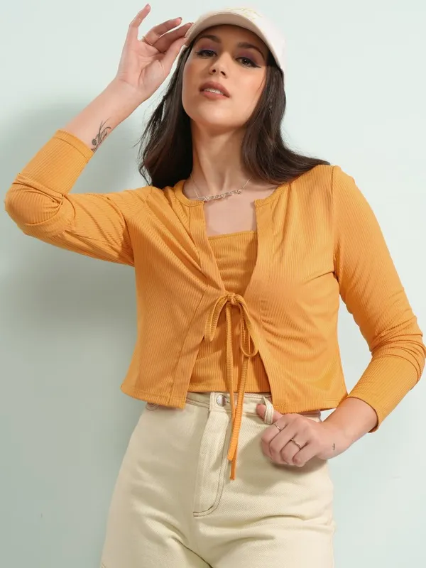 Tokyo Talkies Women Yellow Top With Cardigan Co-Ords