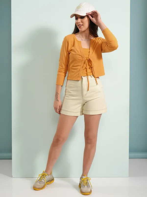 Tokyo Talkies Women Yellow Top With Cardigan Co-Ords