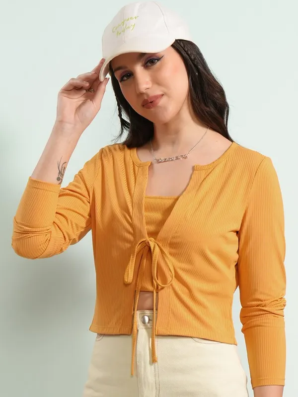 Tokyo Talkies Women Yellow Top With Cardigan Co-Ords