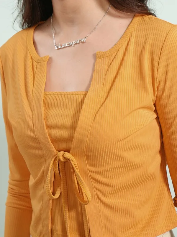 Tokyo Talkies Women Yellow Top With Cardigan Co-Ords