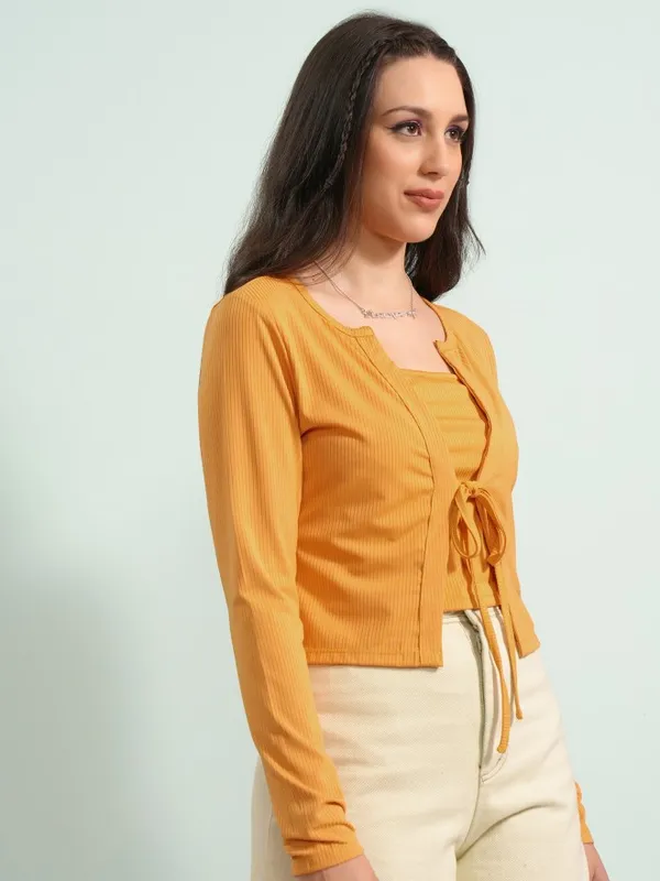Tokyo Talkies Women Yellow Top With Cardigan Co-Ords