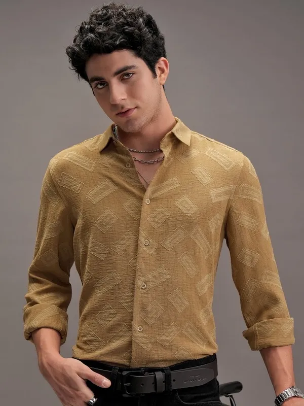  Locomotive Men Khaki Self Design Slim Fit Casual Shirts