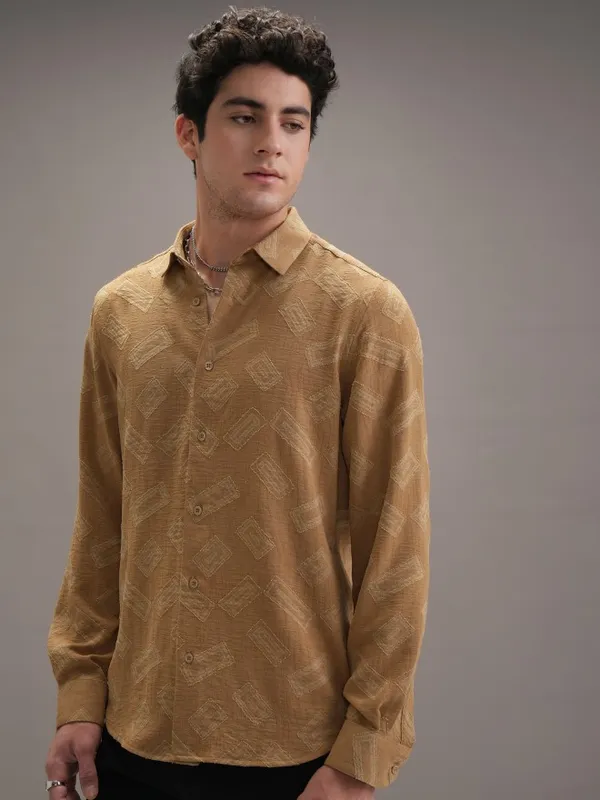  Locomotive Men Khaki Self Design Slim Fit Casual Shirts