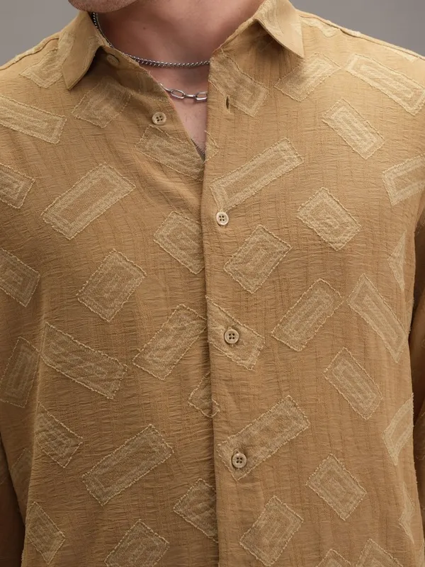  Locomotive Men Khaki Self Design Slim Fit Casual Shirts
