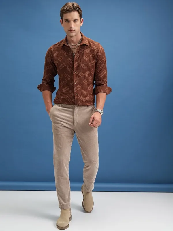  Locomotive Men Brown Self Design Slim Fit Casual Shirts