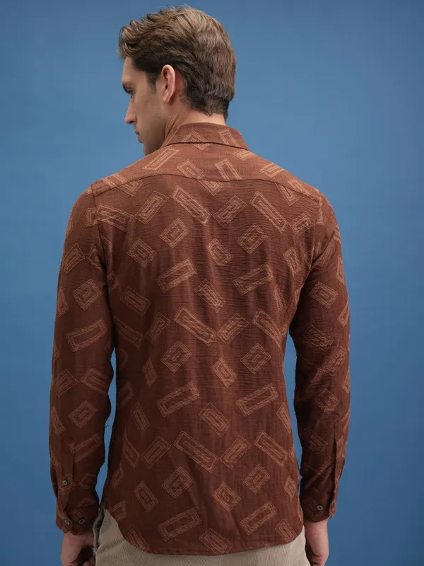  Locomotive Men Brown Self Design Slim Fit Casual Shirts