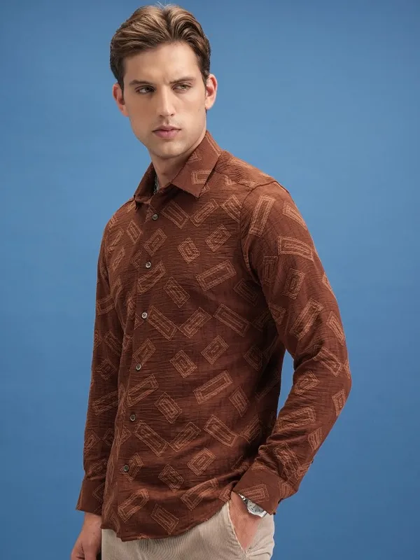  Locomotive Men Brown Self Design Slim Fit Casual Shirts
