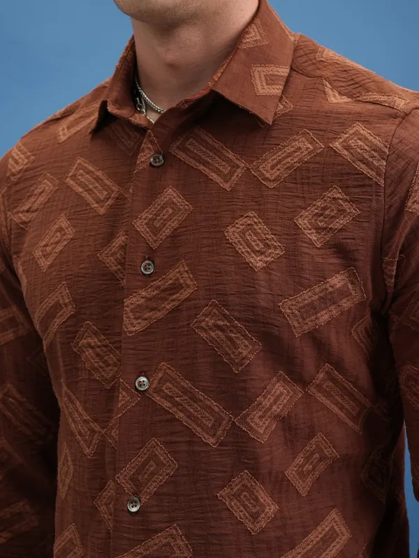  Locomotive Men Brown Self Design Slim Fit Casual Shirts