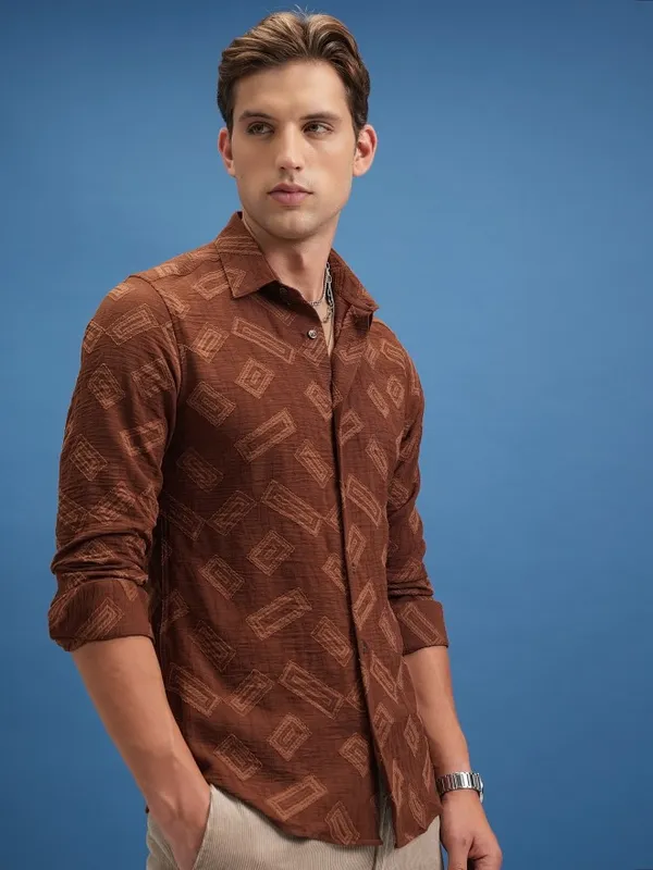  Locomotive Men Brown Self Design Slim Fit Casual Shirts