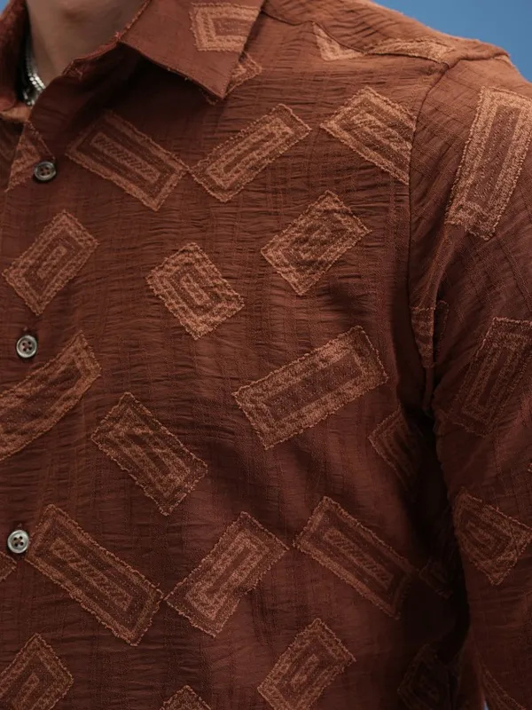  Locomotive Men Brown Self Design Slim Fit Casual Shirts