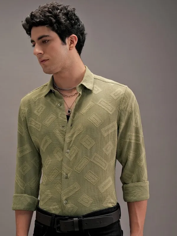 Locomotive Men Olive Textured Slim Fit Casual Shirt