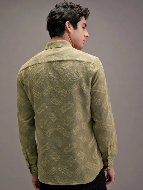 Locomotive Men Olive Textured Slim Fit Casual Shirt
