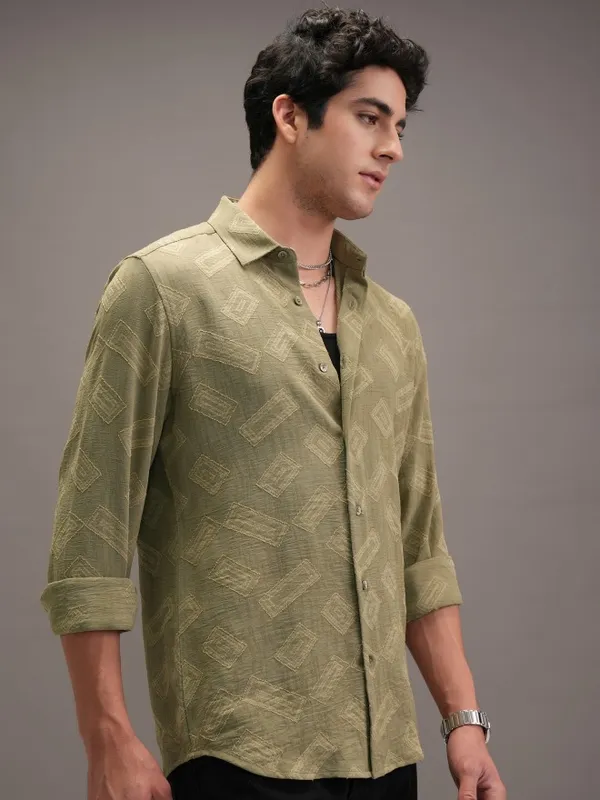 Locomotive Men Olive Textured Slim Fit Casual Shirt