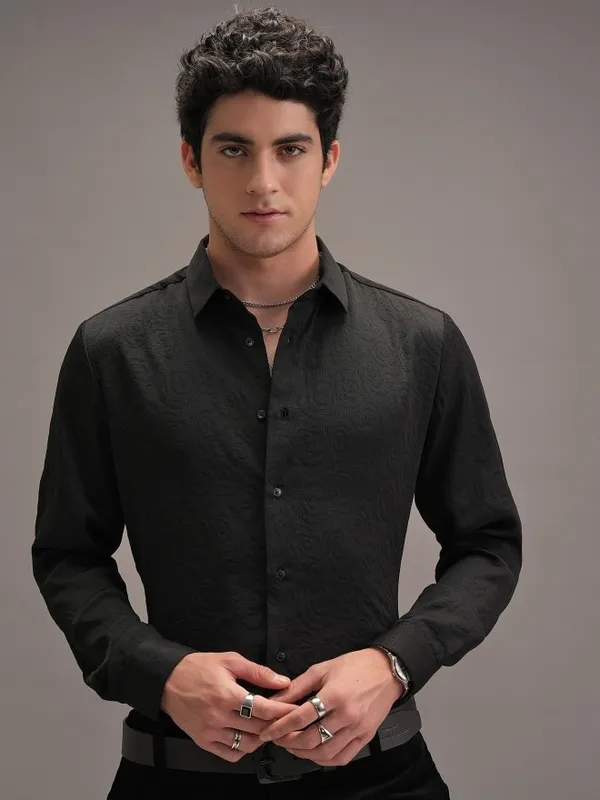  Locomotive Men Black Self Design Slim Fit Casual Shirts