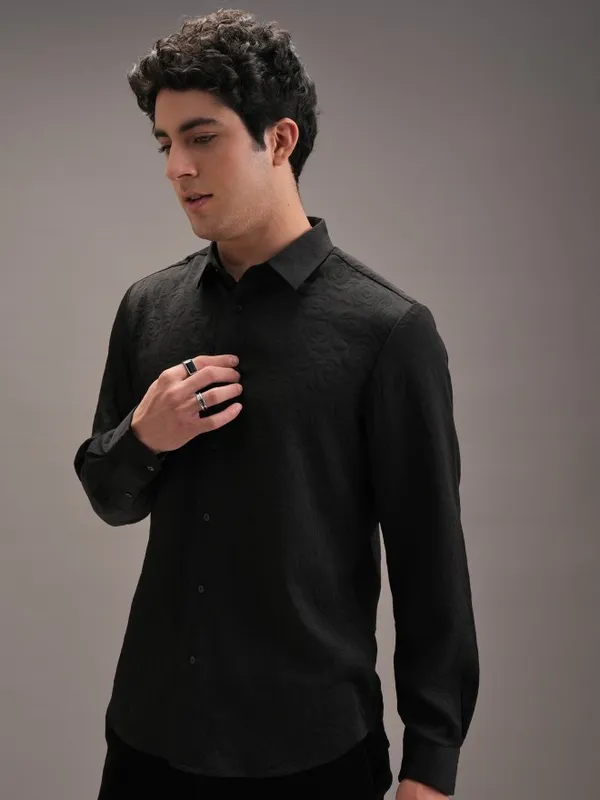  Locomotive Men Black Self Design Slim Fit Casual Shirts
