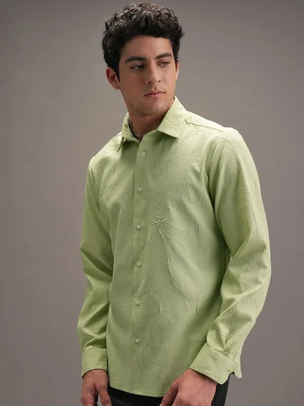  Locomotive Men Green Self Design Slim Fit Casual Shirts
