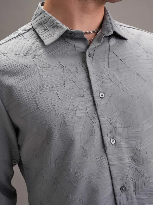  Locomotive Men Grey Self Design Slim Fit Casual Shirts