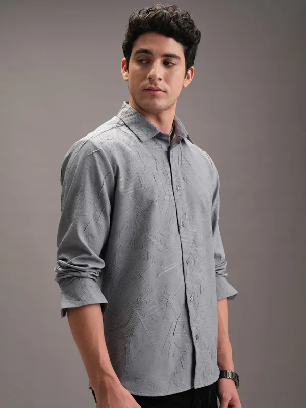  Locomotive Men Grey Self Design Slim Fit Casual Shirts