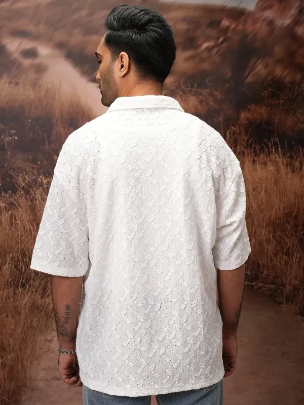  Locomotive Men White Self Design Oversized Fit Casual Shirts