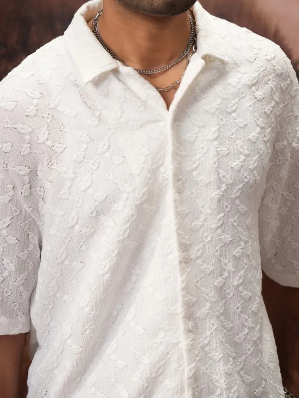  Locomotive Men White Self Design Oversized Fit Casual Shirts