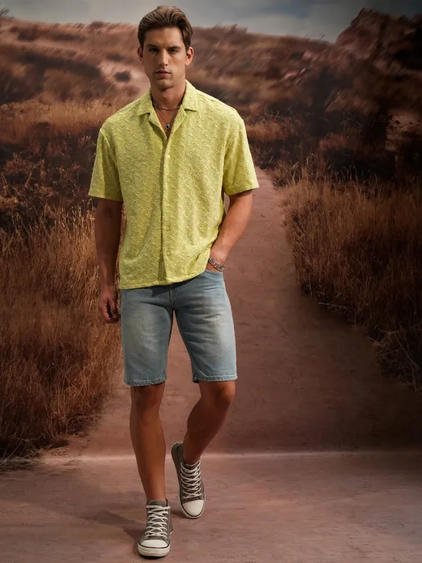 Locomotive Men Green Self Design Oversized Fit Casual Shirts