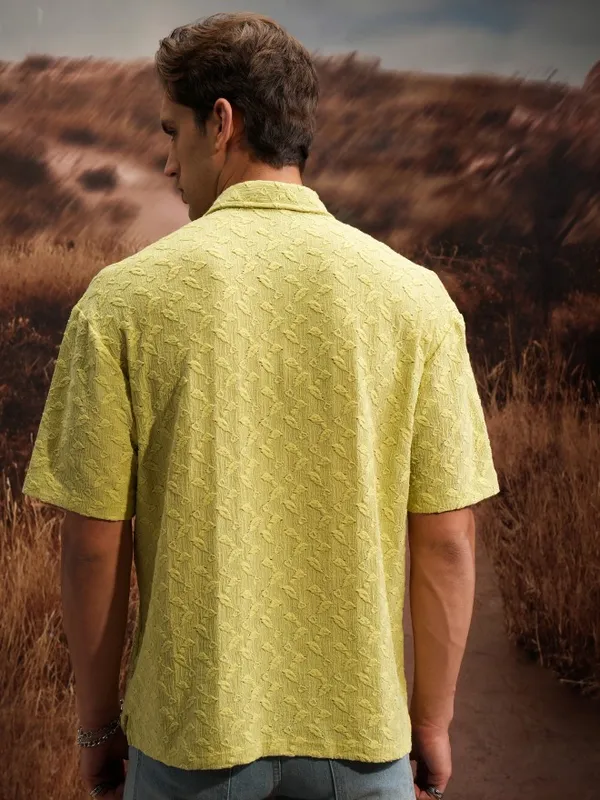  Locomotive Men Green Self Design Oversized Fit Casual Shirts