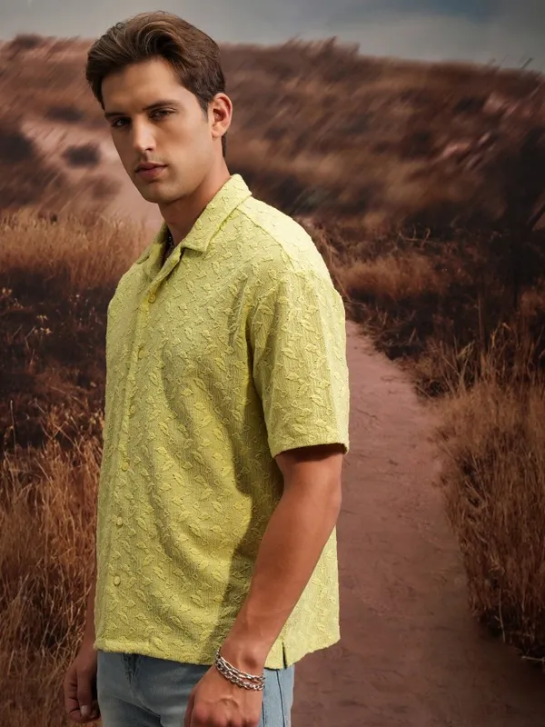  Locomotive Men Green Self Design Oversized Fit Casual Shirts