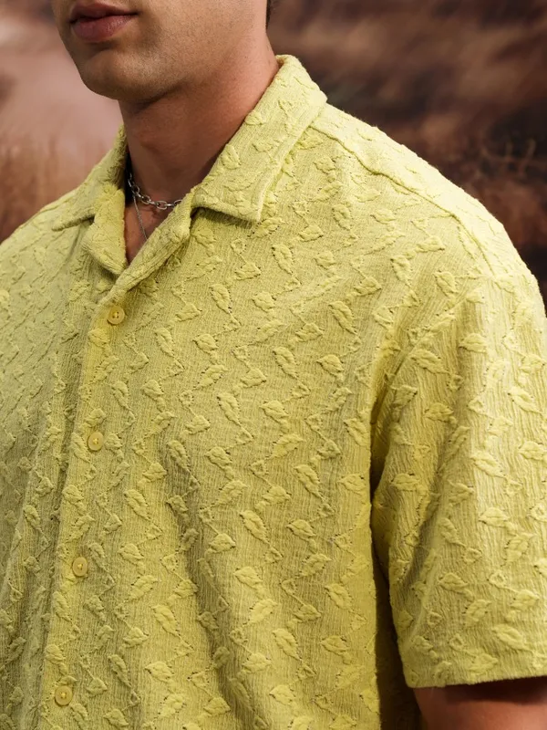  Locomotive Men Green Self Design Oversized Fit Casual Shirts