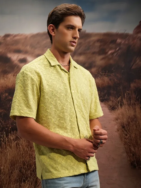  Locomotive Men Green Self Design Oversized Fit Casual Shirts