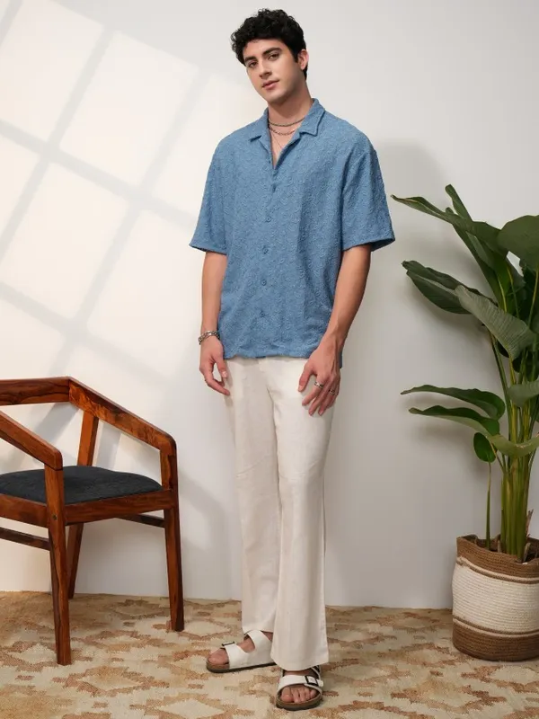  Locomotive Men Blue Self Design Oversized Fit Casual Shirts