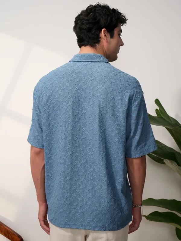  Locomotive Men Blue Self Design Oversized Fit Casual Shirts