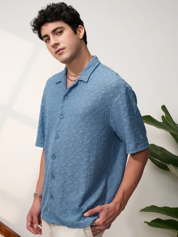  Locomotive Men Blue Self Design Oversized Fit Casual Shirts