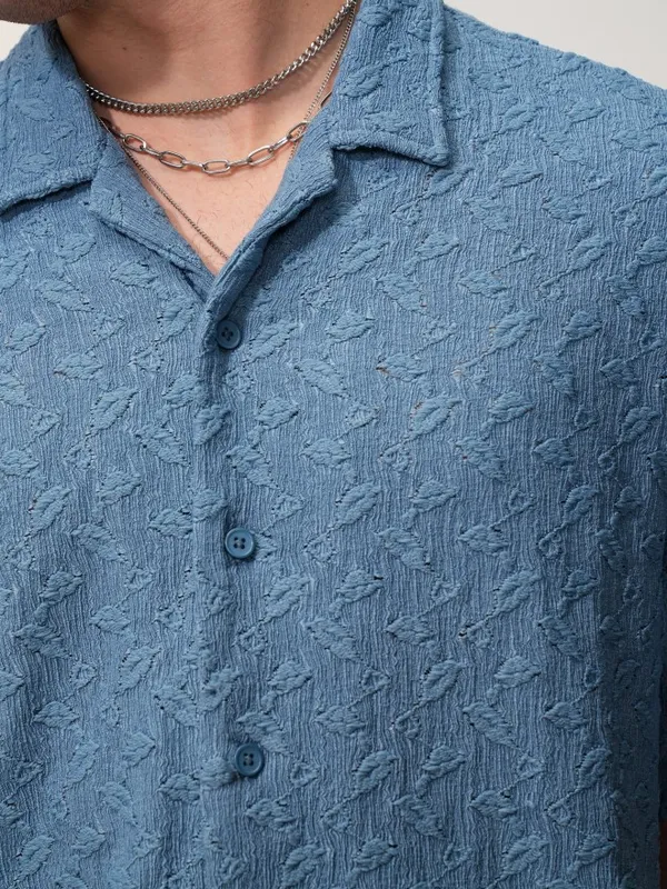  Locomotive Men Blue Self Design Oversized Fit Casual Shirts