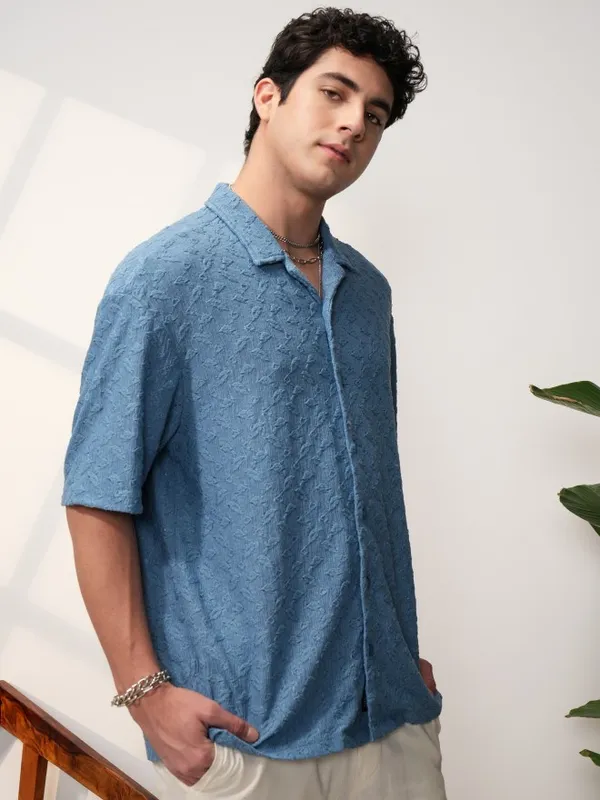  Locomotive Men Blue Self Design Oversized Fit Casual Shirts