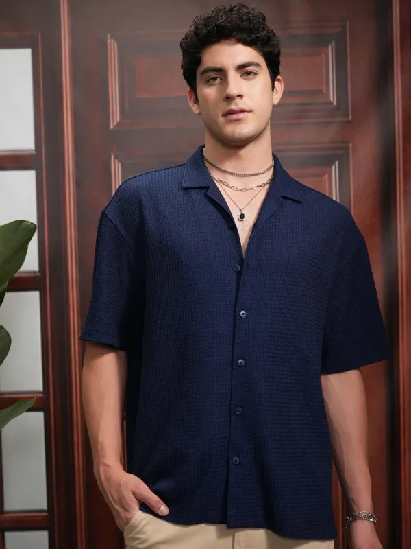  Locomotive Men Navy Blue Self Design Oversized Fit Casual Shirts