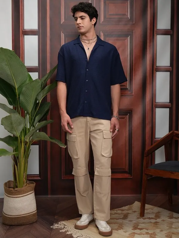  Locomotive Men Navy Blue Self Design Oversized Fit Casual Shirts