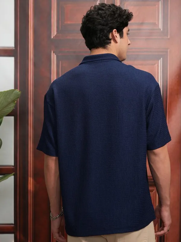  Locomotive Men Navy Blue Self Design Oversized Fit Casual Shirts