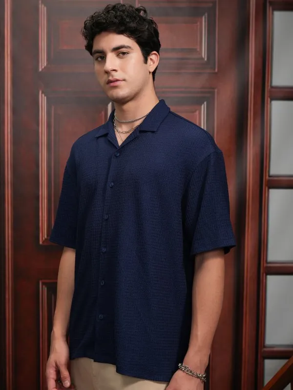  Locomotive Men Navy Blue Self Design Oversized Fit Casual Shirts