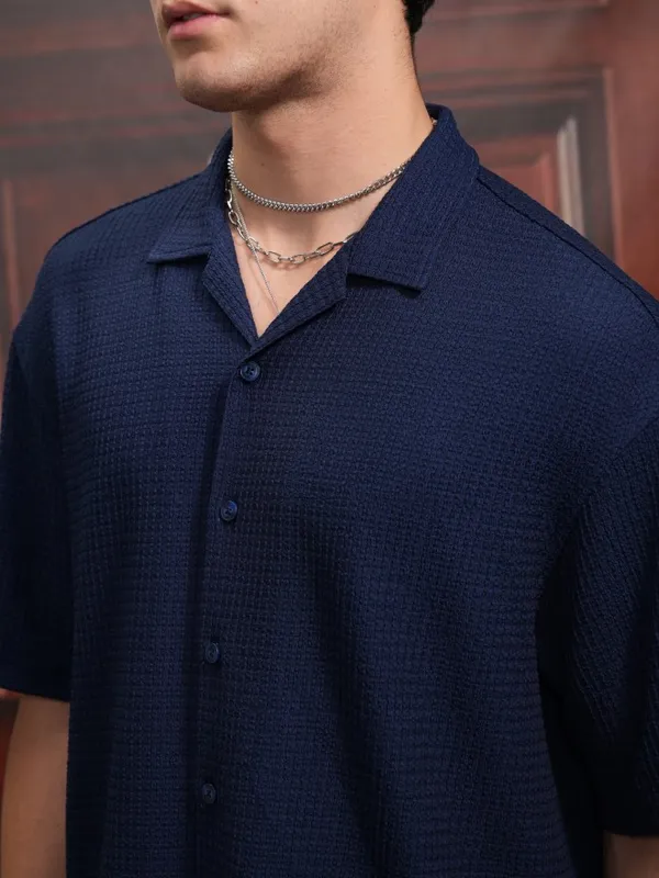  Locomotive Men Navy Blue Self Design Oversized Fit Casual Shirts