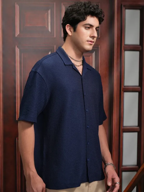  Locomotive Men Navy Blue Self Design Oversized Fit Casual Shirts