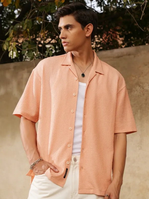Locomotive Men Orange Textured Oversized Fit Casual Shirt