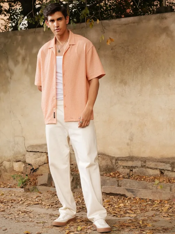 Locomotive Men Orange Textured Oversized Fit Casual Shirt