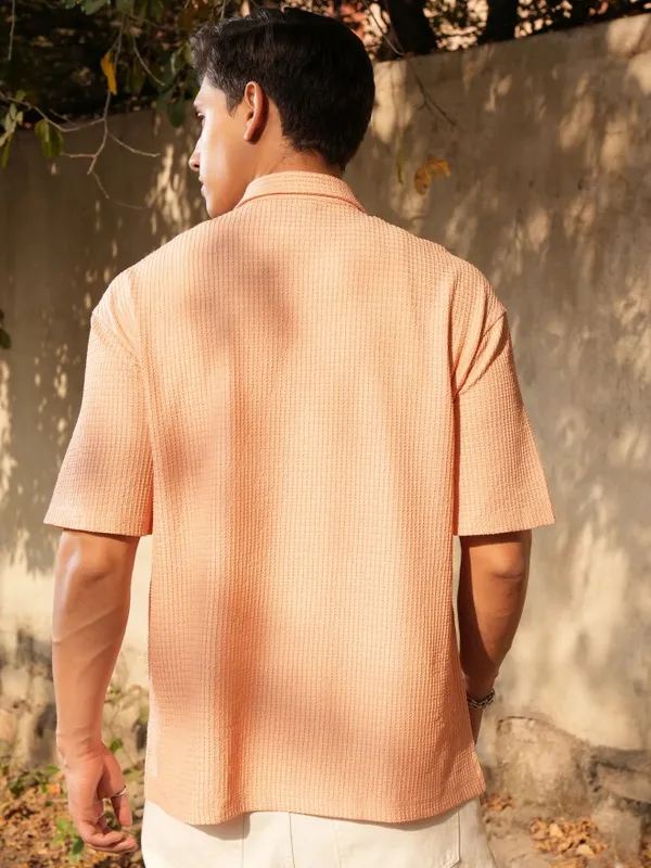 Locomotive Men Orange Textured Oversized Fit Casual Shirt