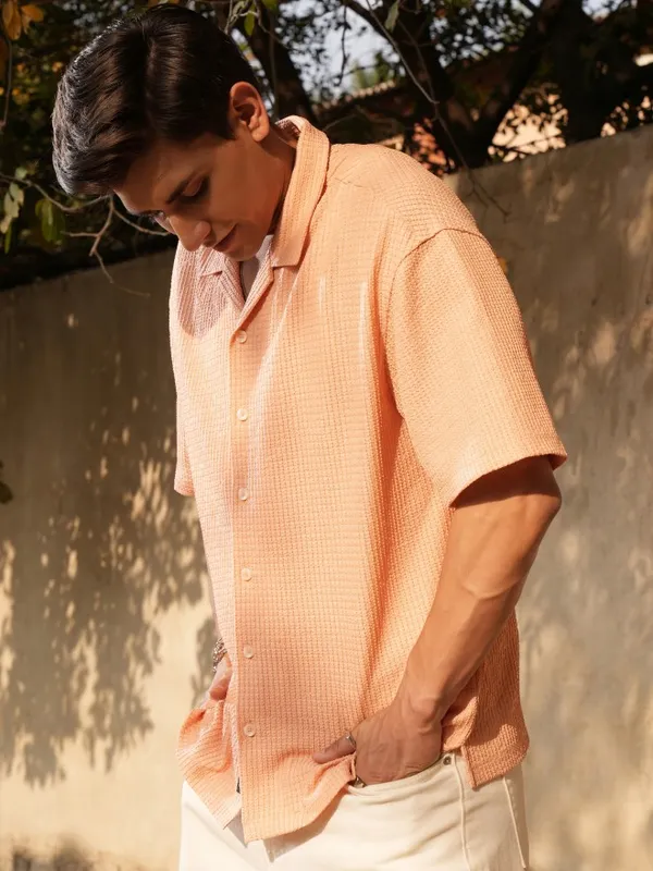 Locomotive Men Orange Textured Oversized Fit Casual Shirt